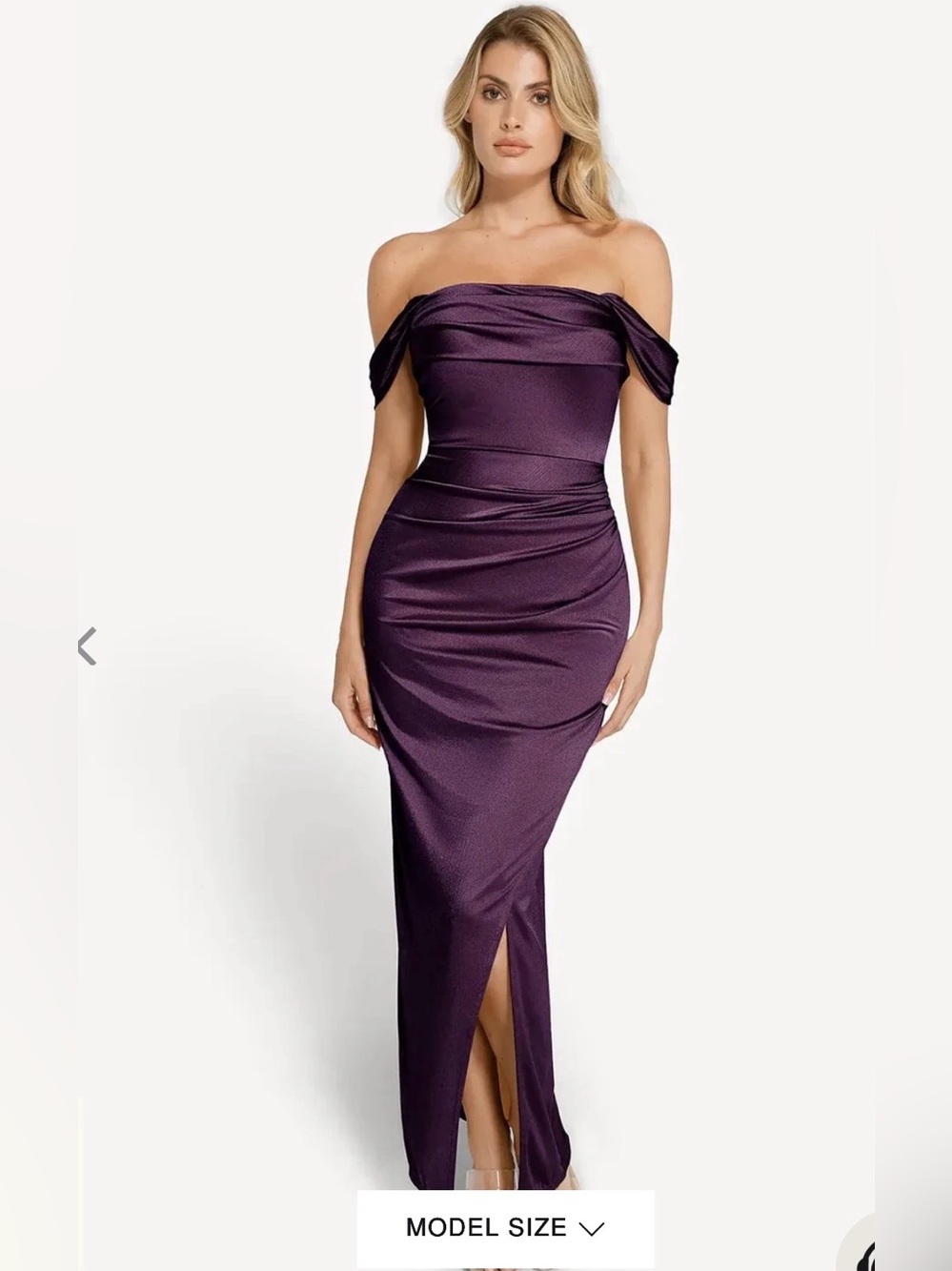Popilush Purple Shimmer Shapewear Off Shoulder Shine Ruched Sculpting Maxi Dress